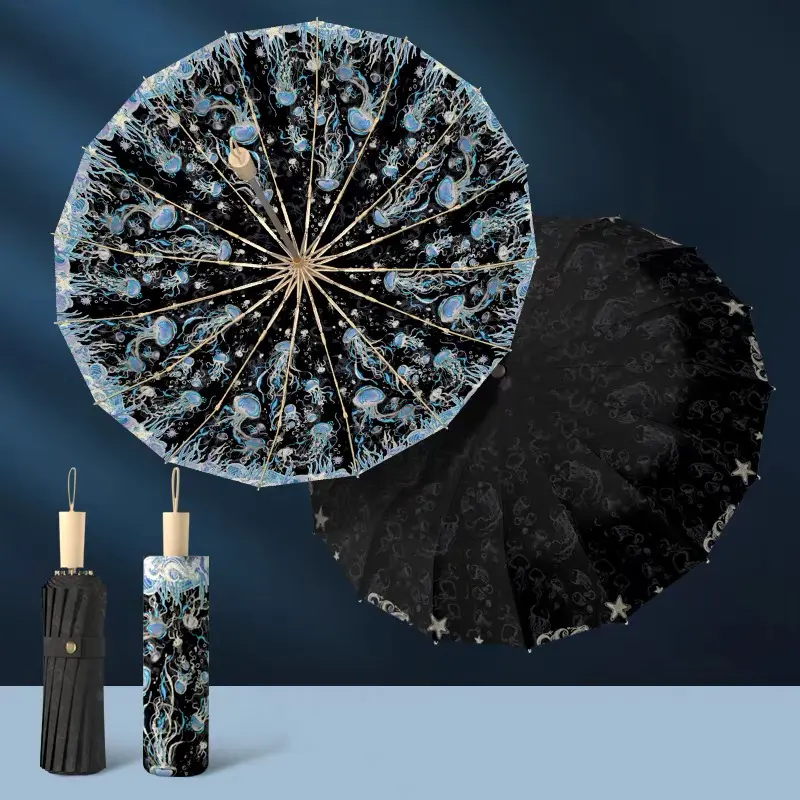 Black umbrella with a colourful jellyfish print and matching sleeve